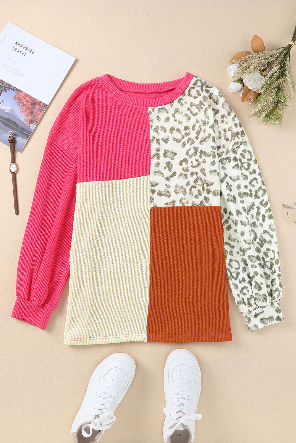 Rose Leopard Patchwork Color Block Ribbed Long Sleeve Top