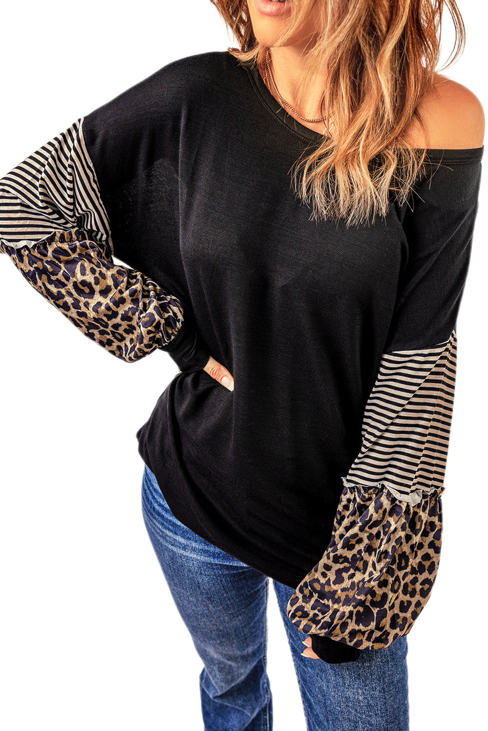 Black Leopard Striped Print Sleeve Colorblock Top