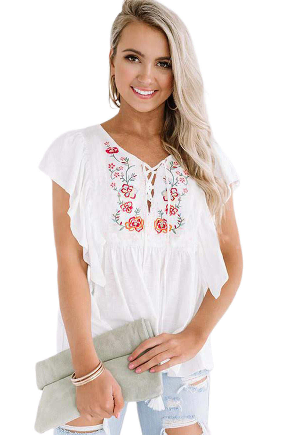 White Floral Embroidered Ruffled Lace-up V Neck Top