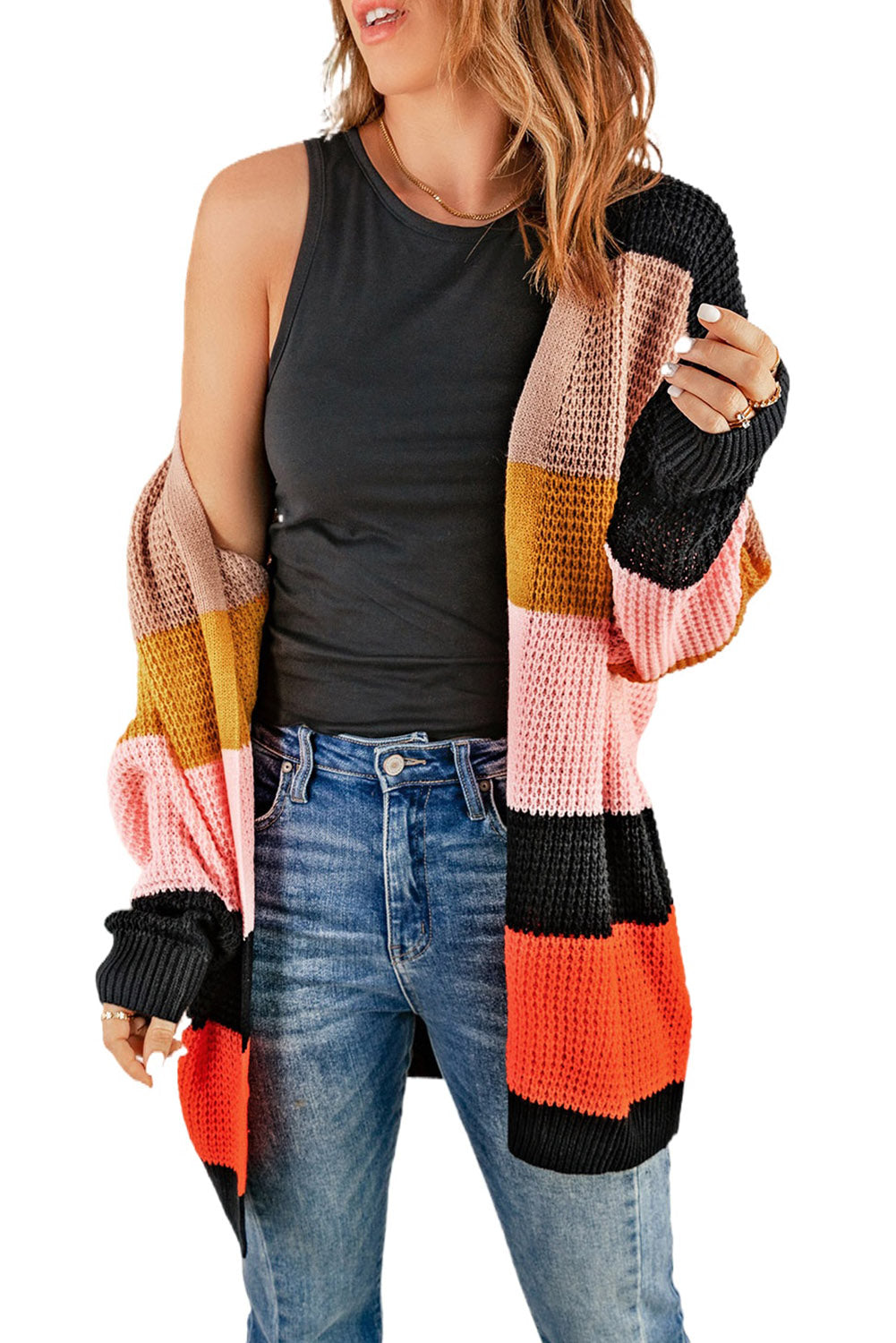 Multicolor Waffle Knit Color Block Open Front Cardigan