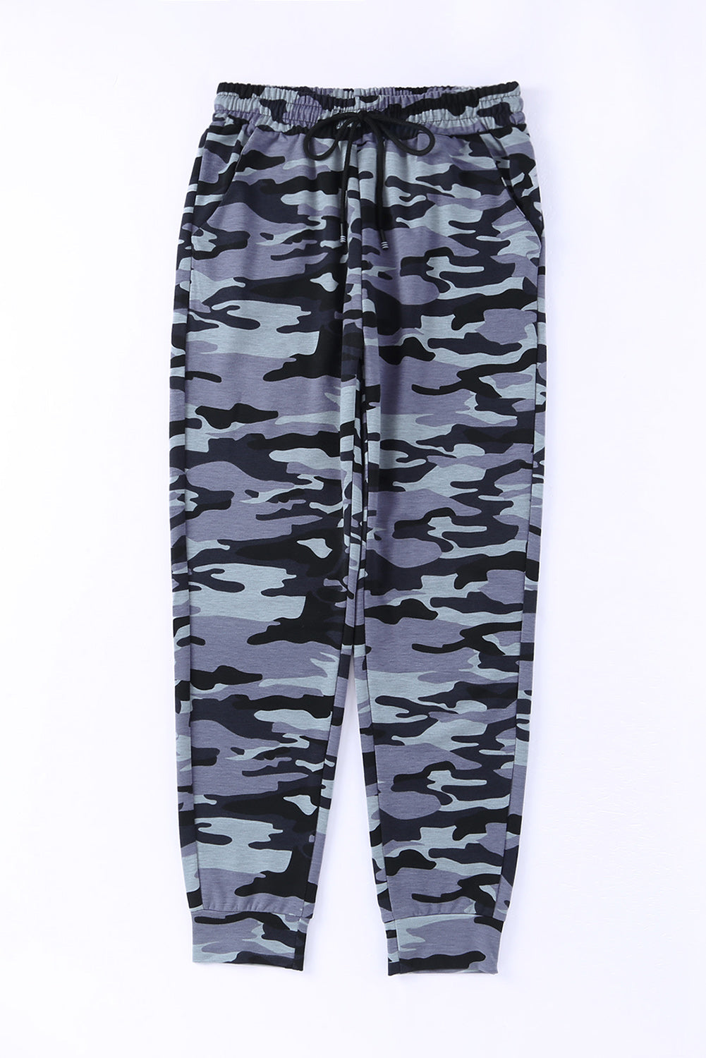 Black Camo Print Elastic Waist Drawstring Casual Joggers