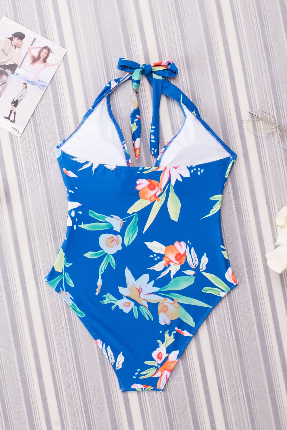 Sky Blue Floral Print Deep V Halter Backless One-piece Swimwear