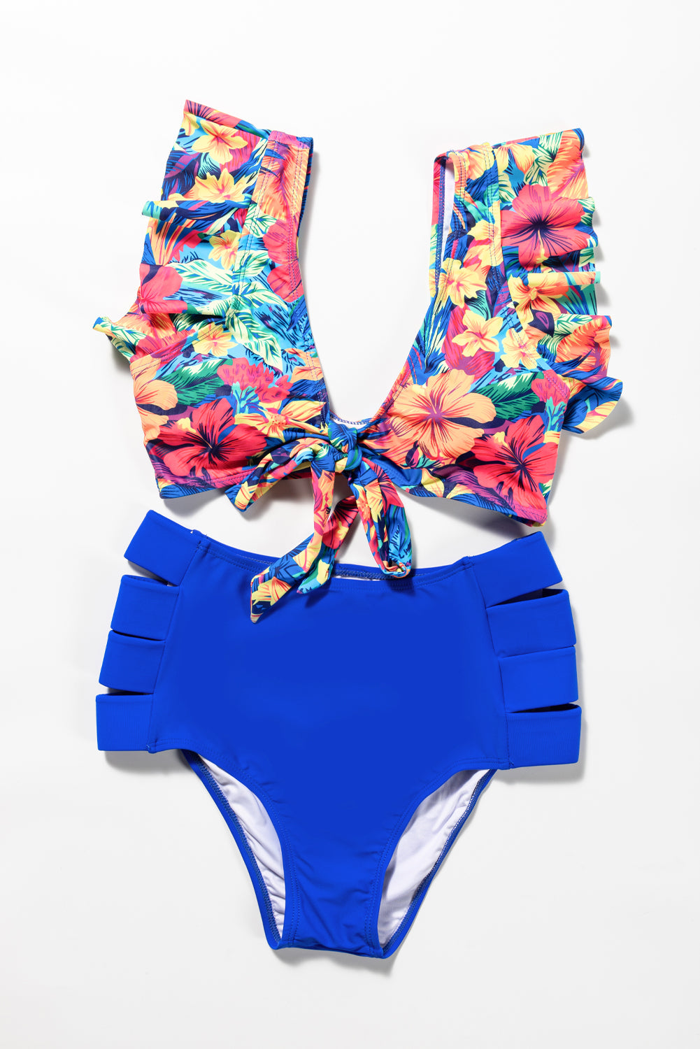 Floral Print Front Tie High Waist Bikini Swimsuit with Ruffles