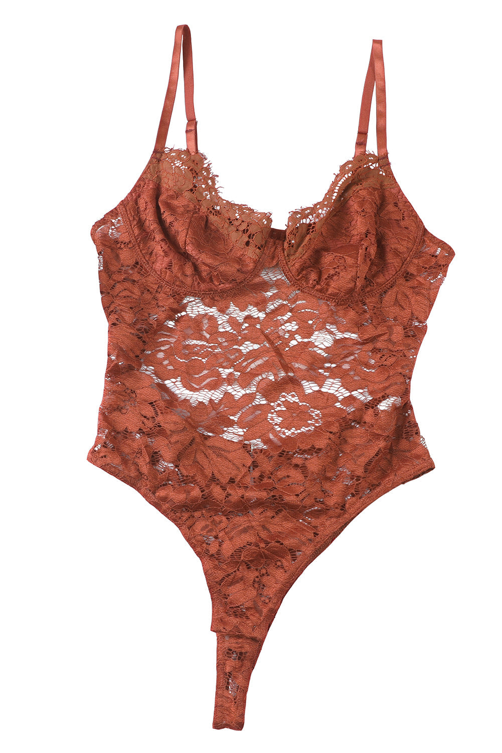 Brown Floral Lace Spaghetti Straps Cut out Back Bodysuit