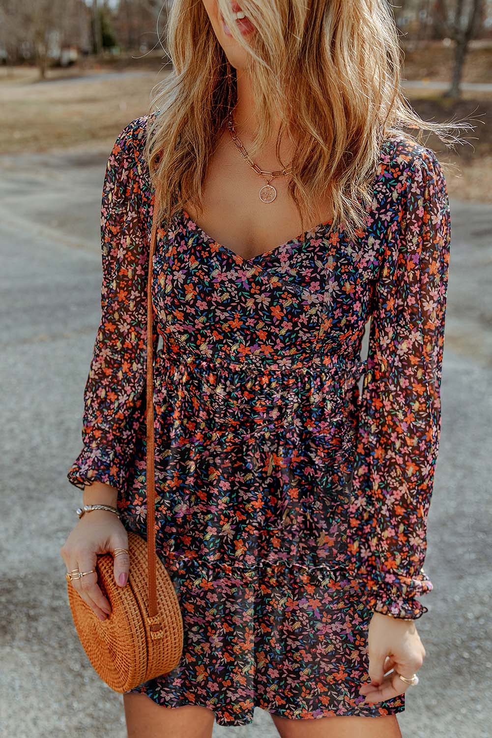 Black  V Neck Bubble Sleeve Floral Blouse