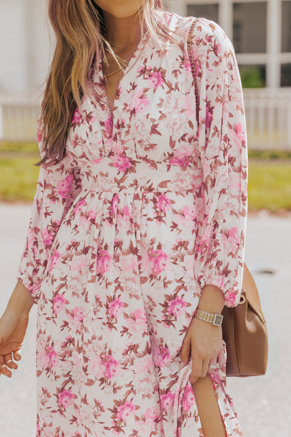 Purple Deep V Neck Ruched High Waist Floral Maxi Dress