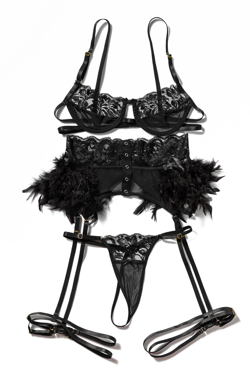 Black 3pcs Lace Mesh Lingerie Set with Feather Garter Belt