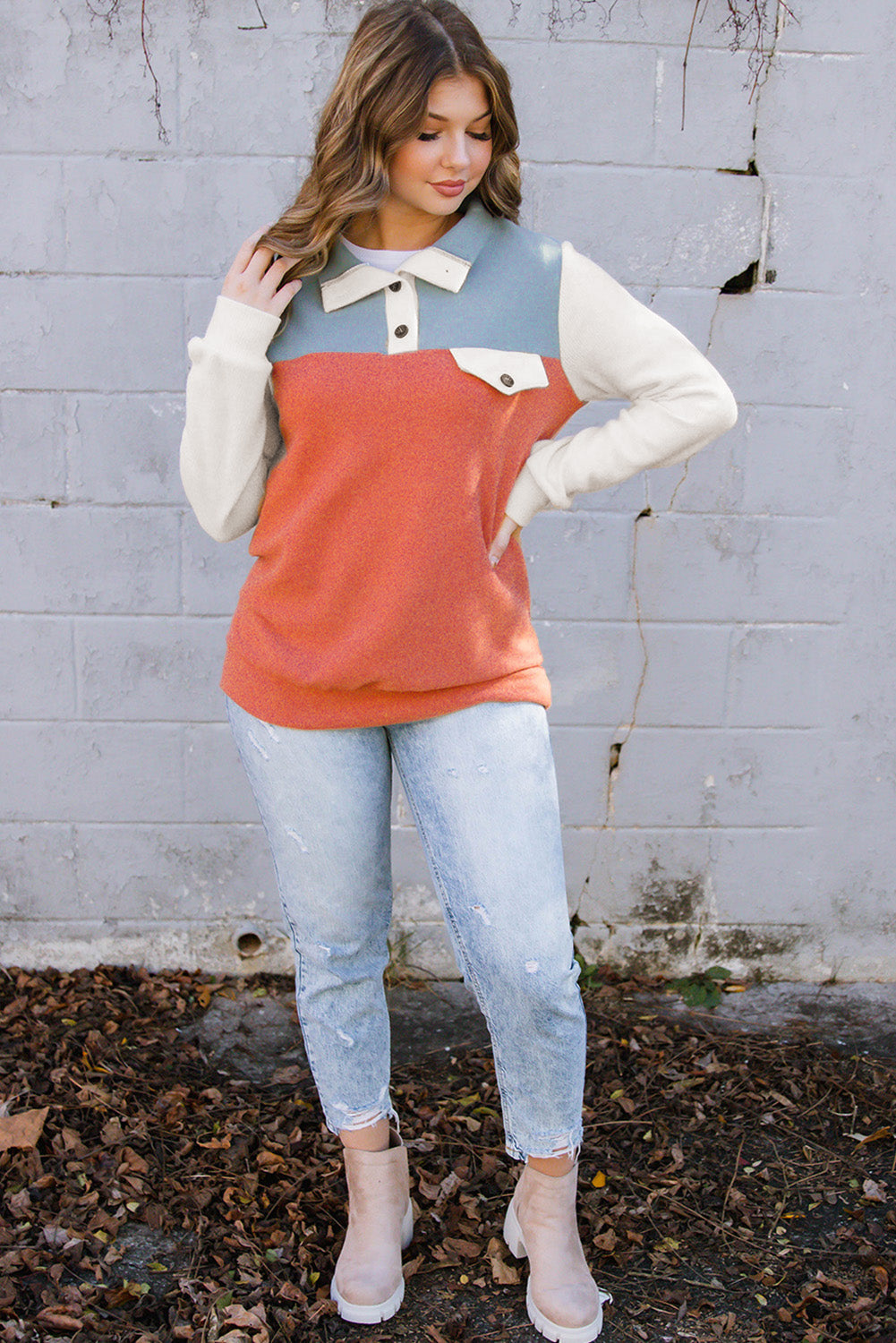 Orange Buttoned Color Block Long Sleeve Top