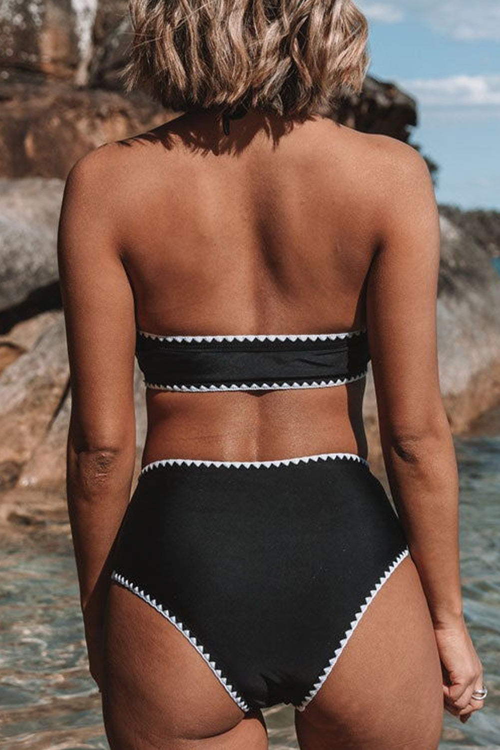 Black Contrast Binding High Waist Halter Bikini Set