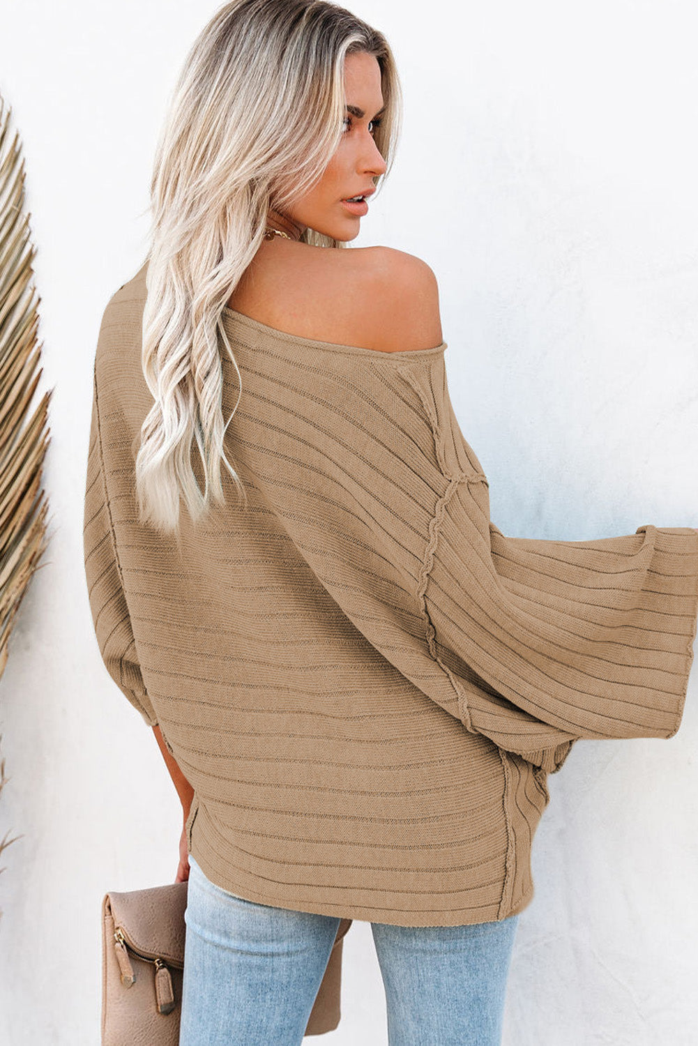 Black Exposed Seam Ribbed Knit Dolman Top