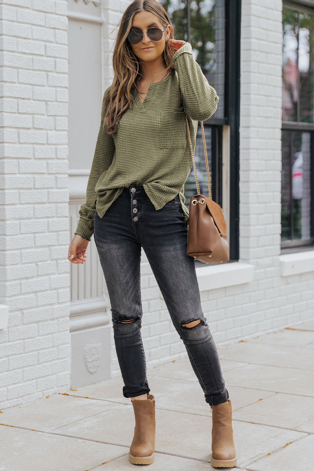 Beige Waffle Knit Split Neck Pocketed Loose Top