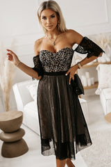 Black Dotted Lace Mesh Off Shoulder Dress