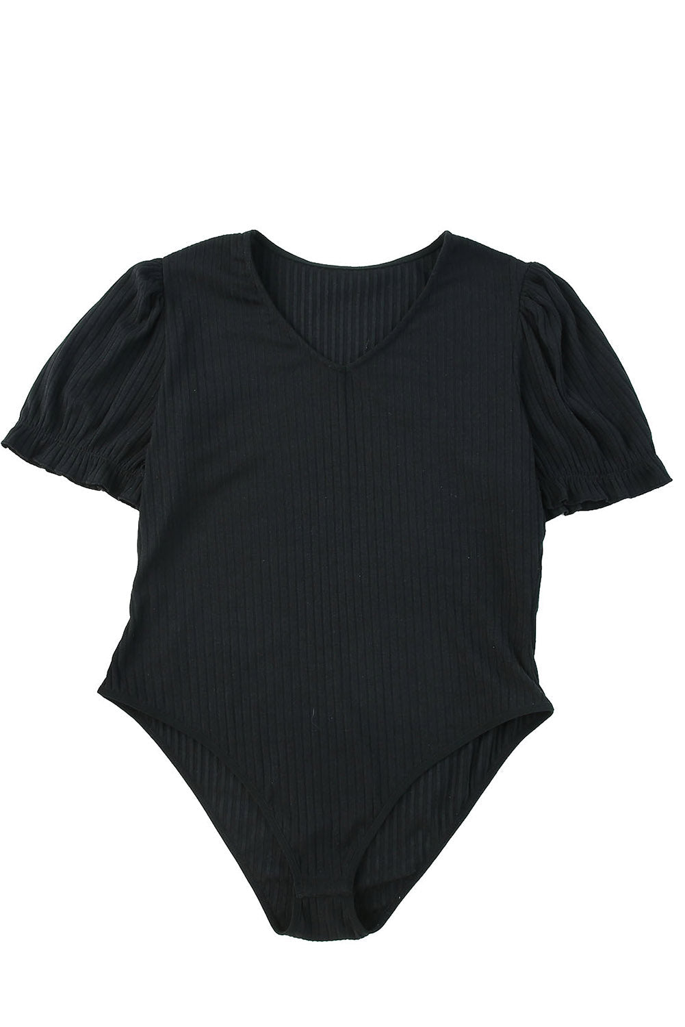 Black Plus Size Ribbed Knit Puff Sleeve Bodysuit