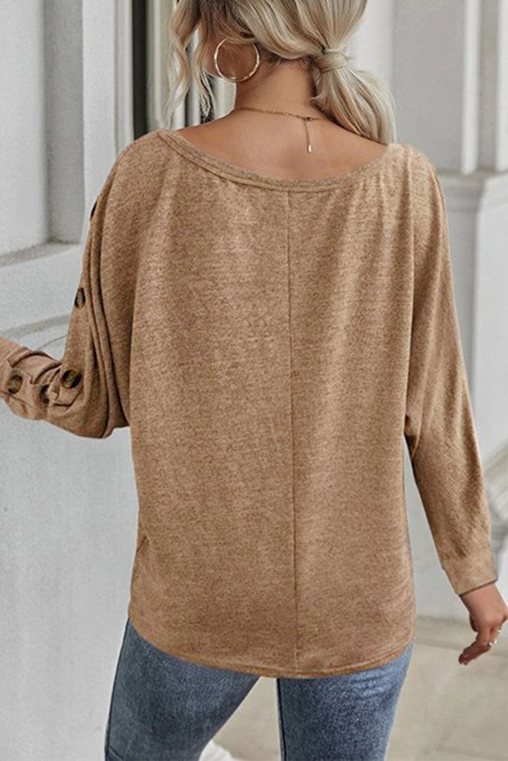 Khaki Solid Color Button Decor Dolman Sleeve Top