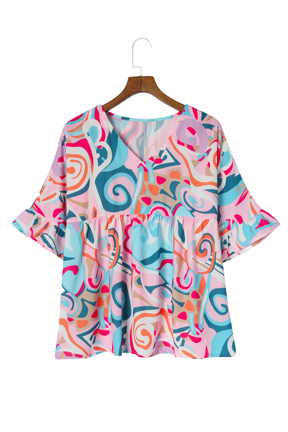 Sky Blue Abstract Print Ruffle V Neck Blouse