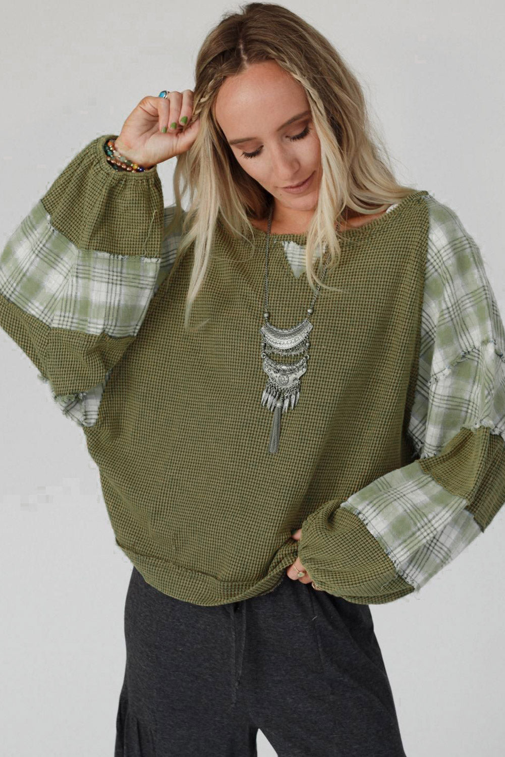 Green Plaid Patch Waffle Knit Exposed Seam Bubble Sleeve Top