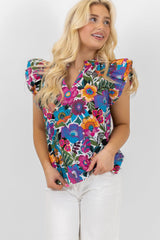 Multicolor Ruffled Flutter Sleeve Floral Print Blouse