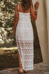 White Spaghetti Straps Lace Lined Maxi Dress with Slits