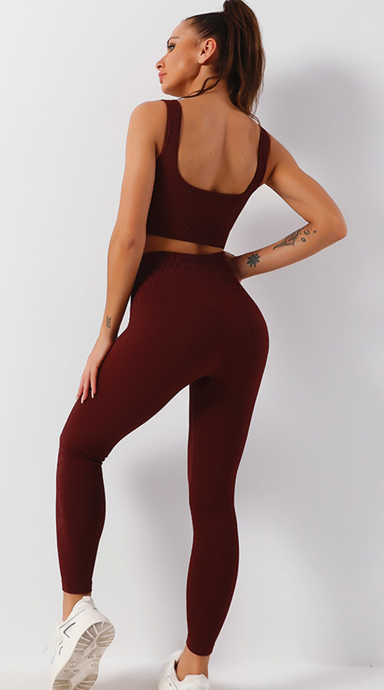 Brown Solid Ribbed High Waist Tummy Control Yoga Pants