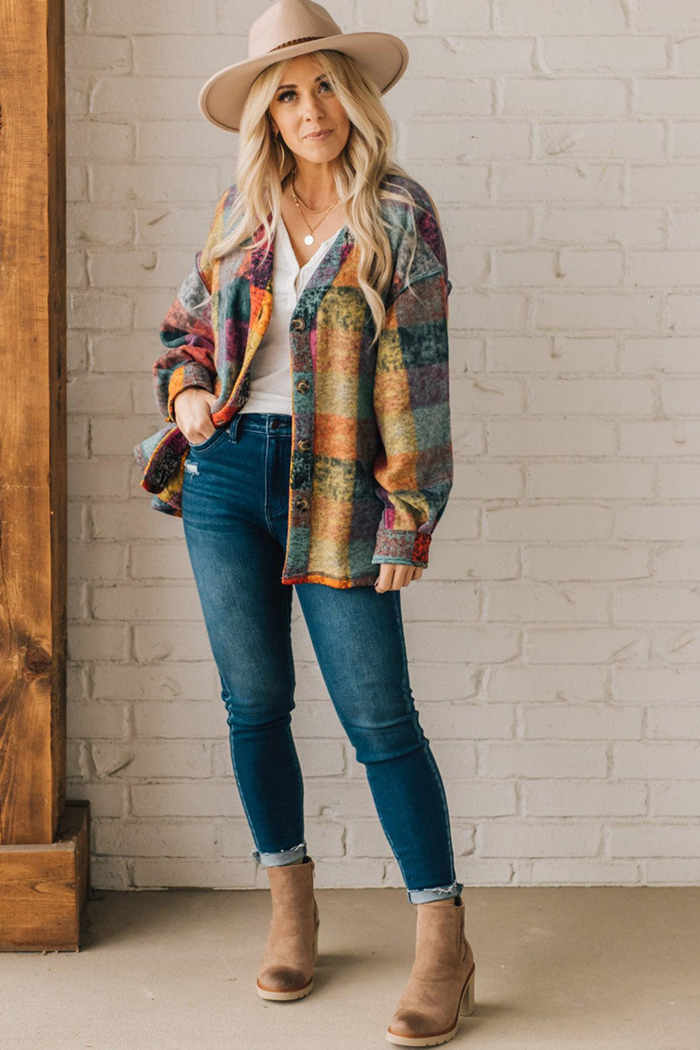 Multicolor Brushed Checked Western Buttoned Jacket