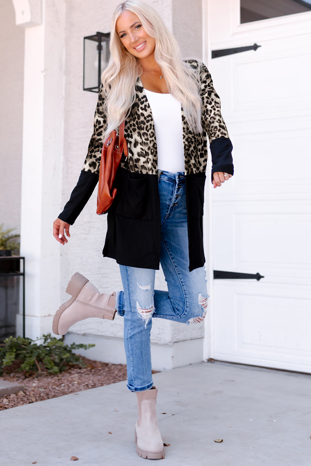 Black Leopard Print Patchwork Pocket Cardigan