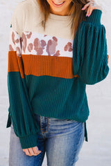 Green Leopard Color Block Waffle Knit Top