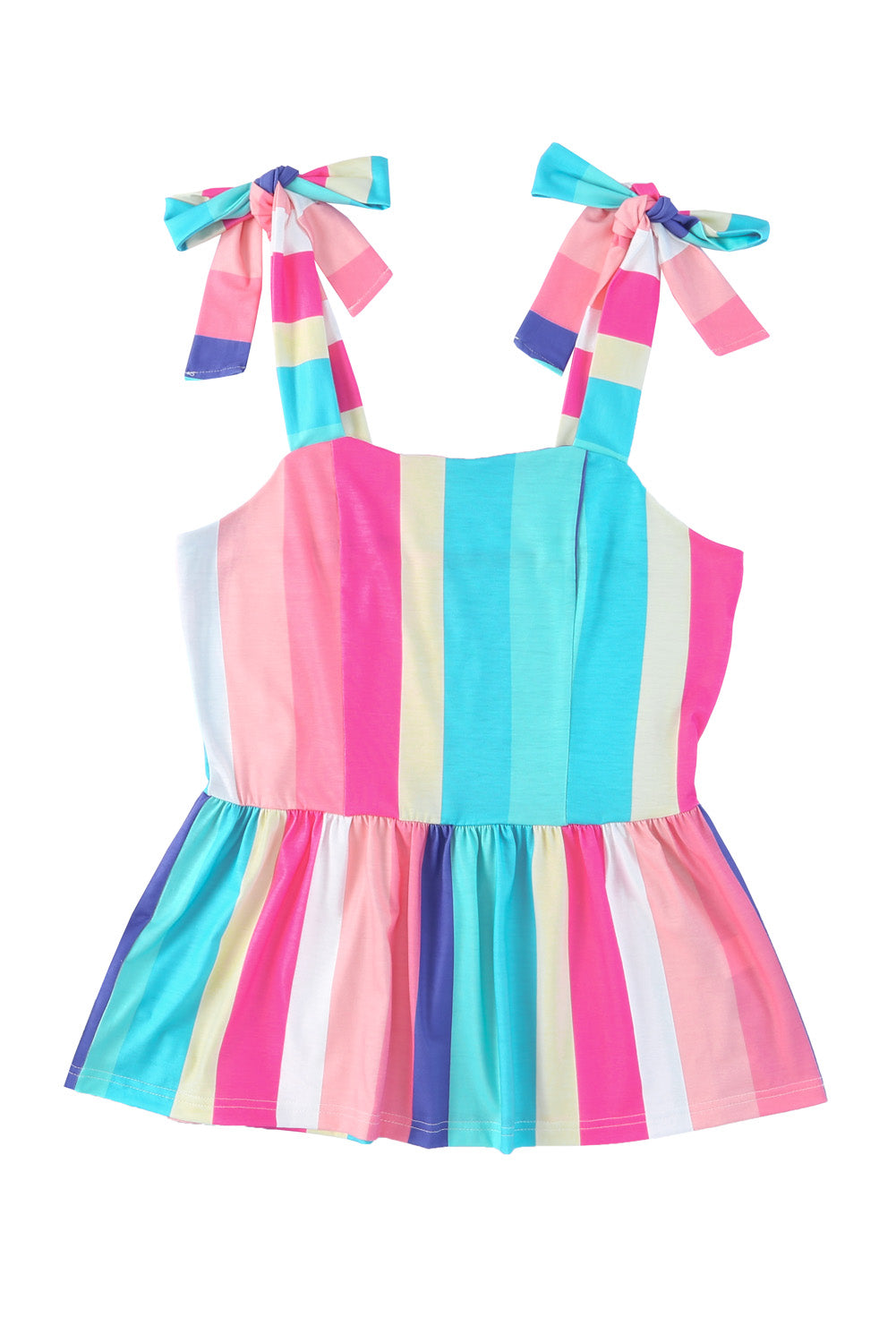 Multicolor Striped Print Colorblock Knotted Shoulder Peplum Tank Top