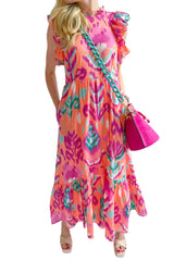 Multicolor Abstract Floral Print Frill Neck Ruffle Maxi Dress