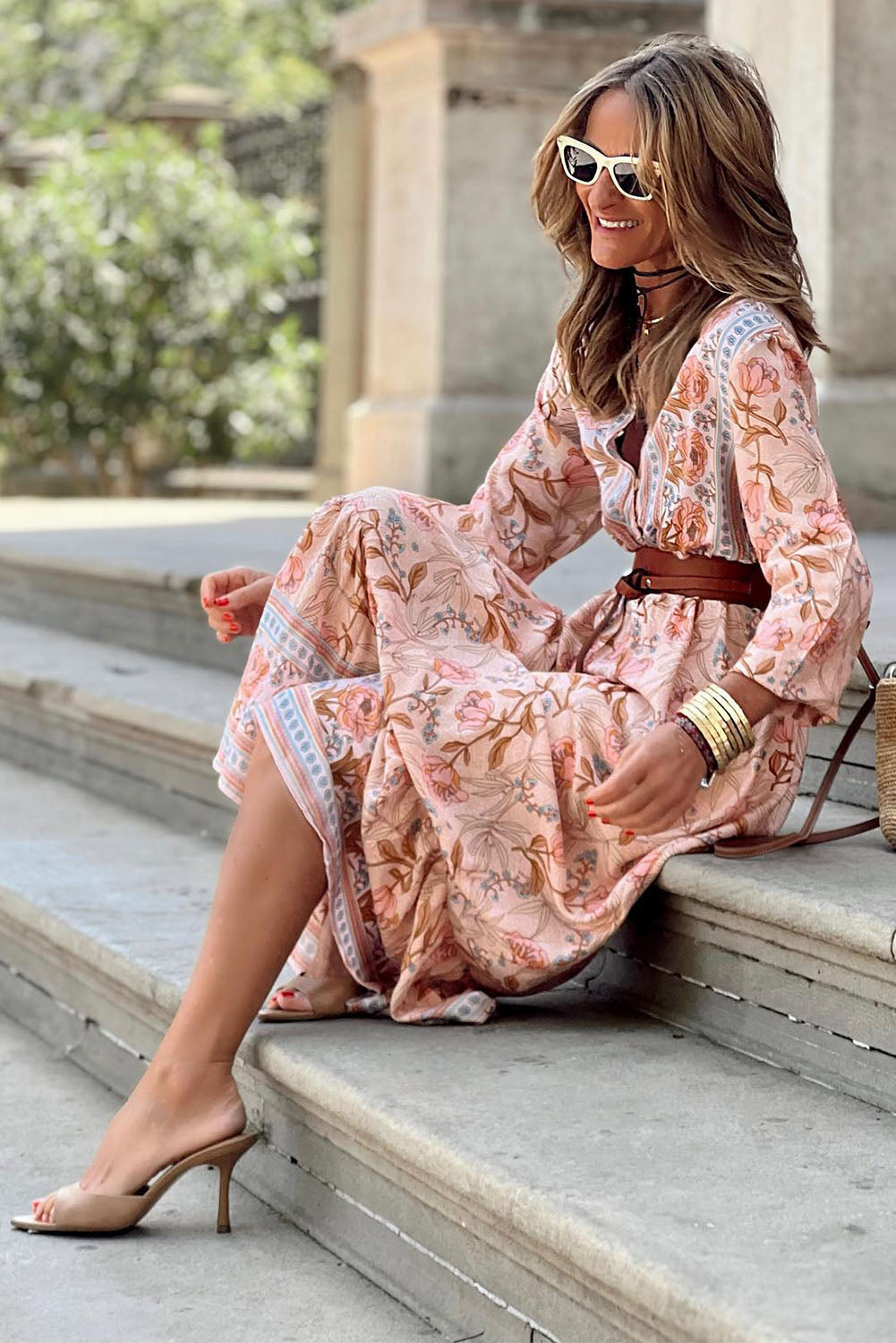 Pink Bohemian Floral Sexy V Neck Ruffle Maxi Dress