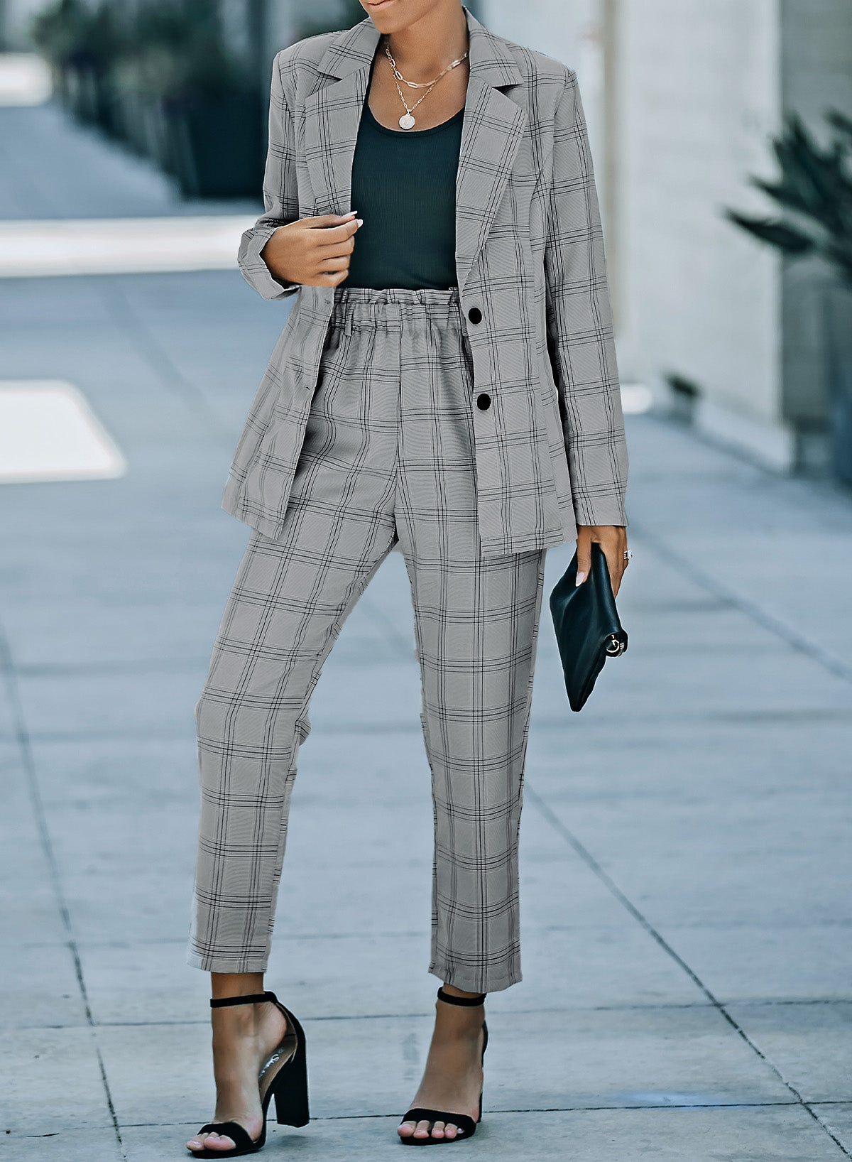 Gray Lapel Button Plaid Blazer