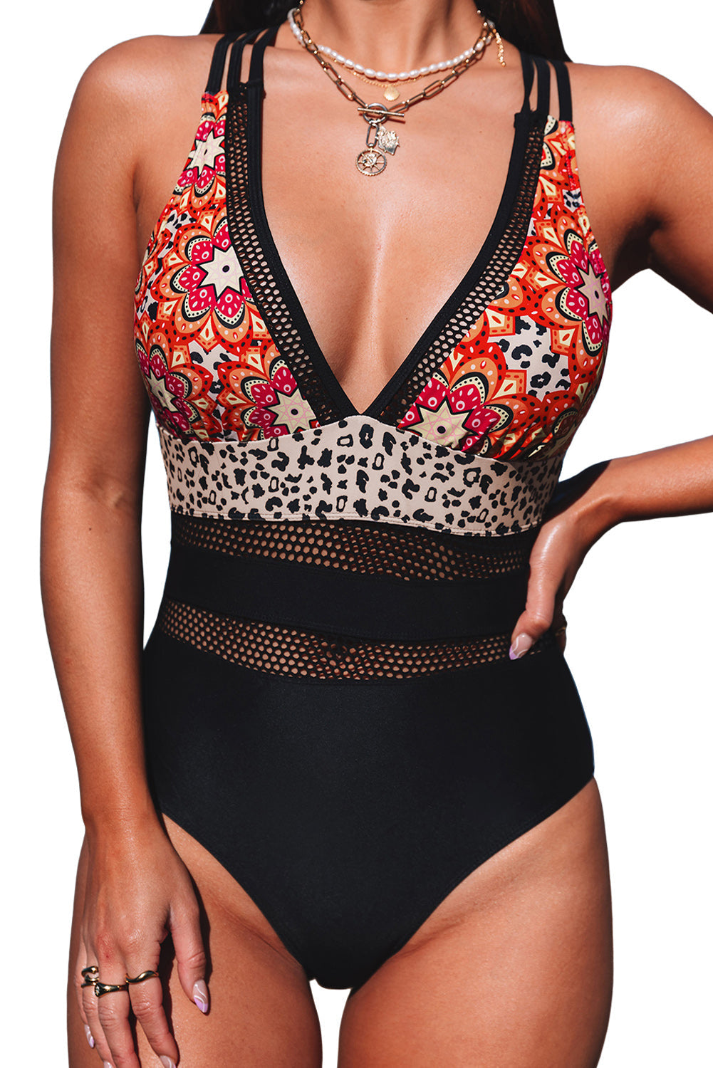 Multicolor Floral Leopard Splicing Color Block Mesh One Piece Swimsuit