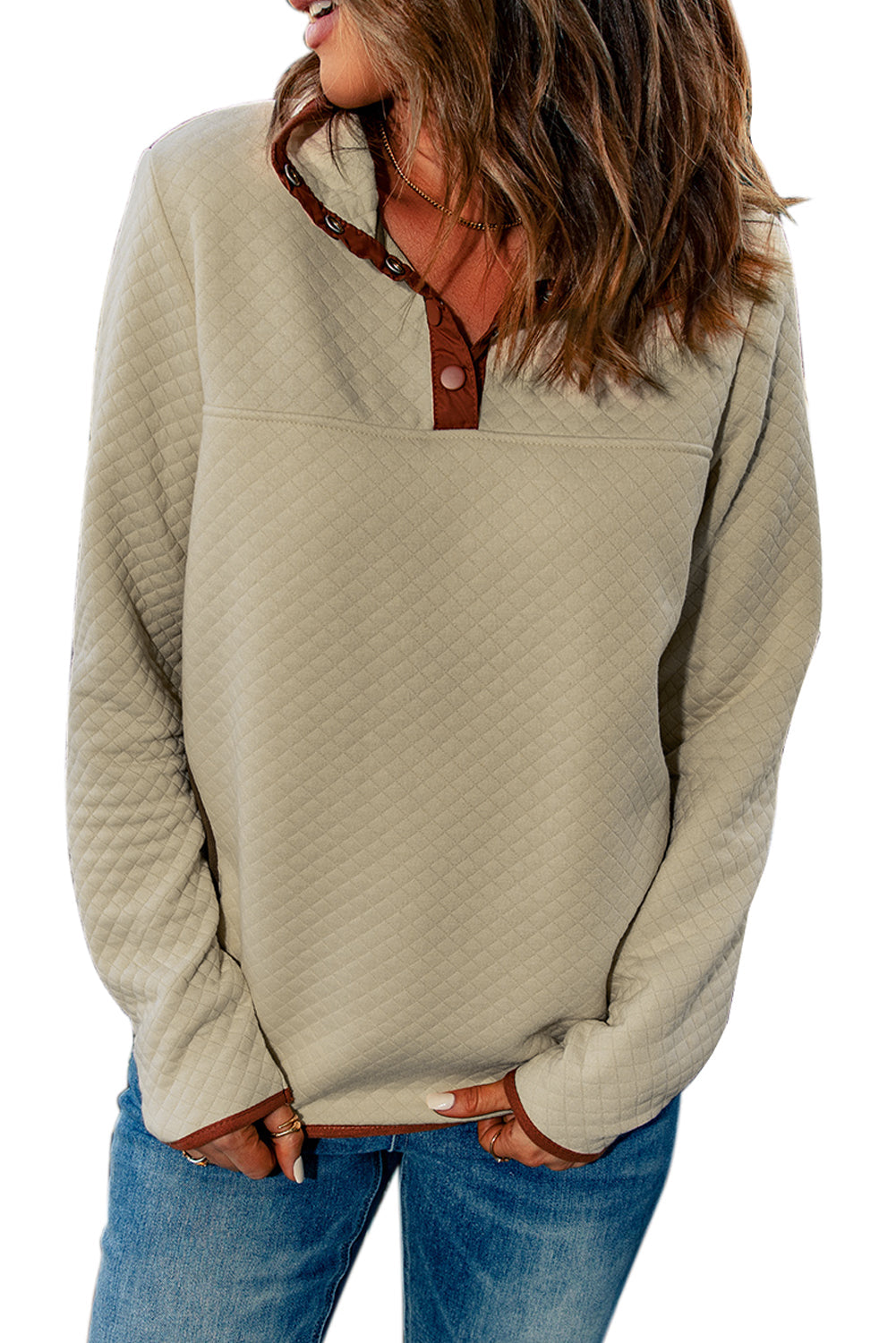 Beige Contrast Binding Snap Button Geometric Pullover Sweatshirt