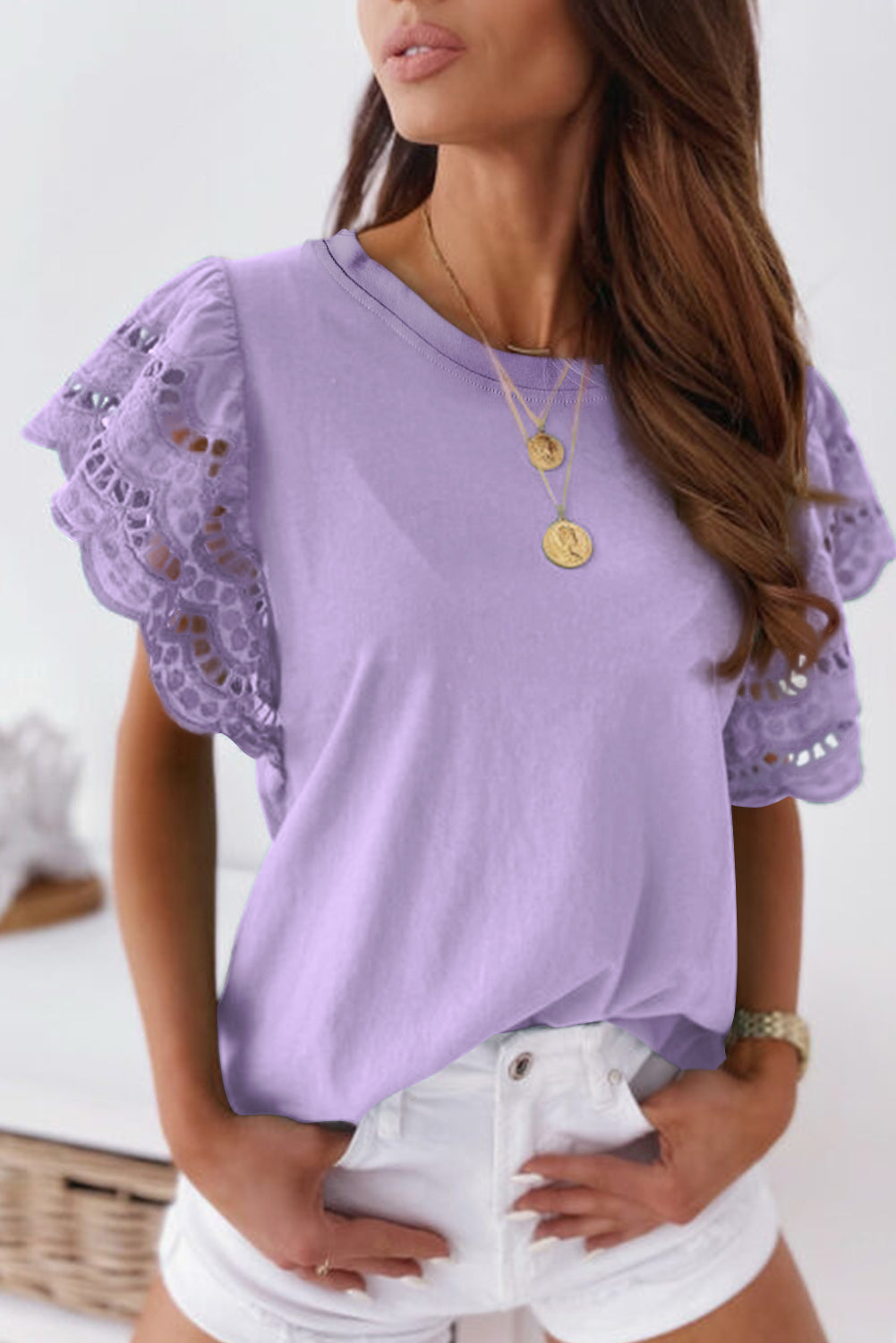 Purple Hollow Out Ruffle Sleeve T-shirt