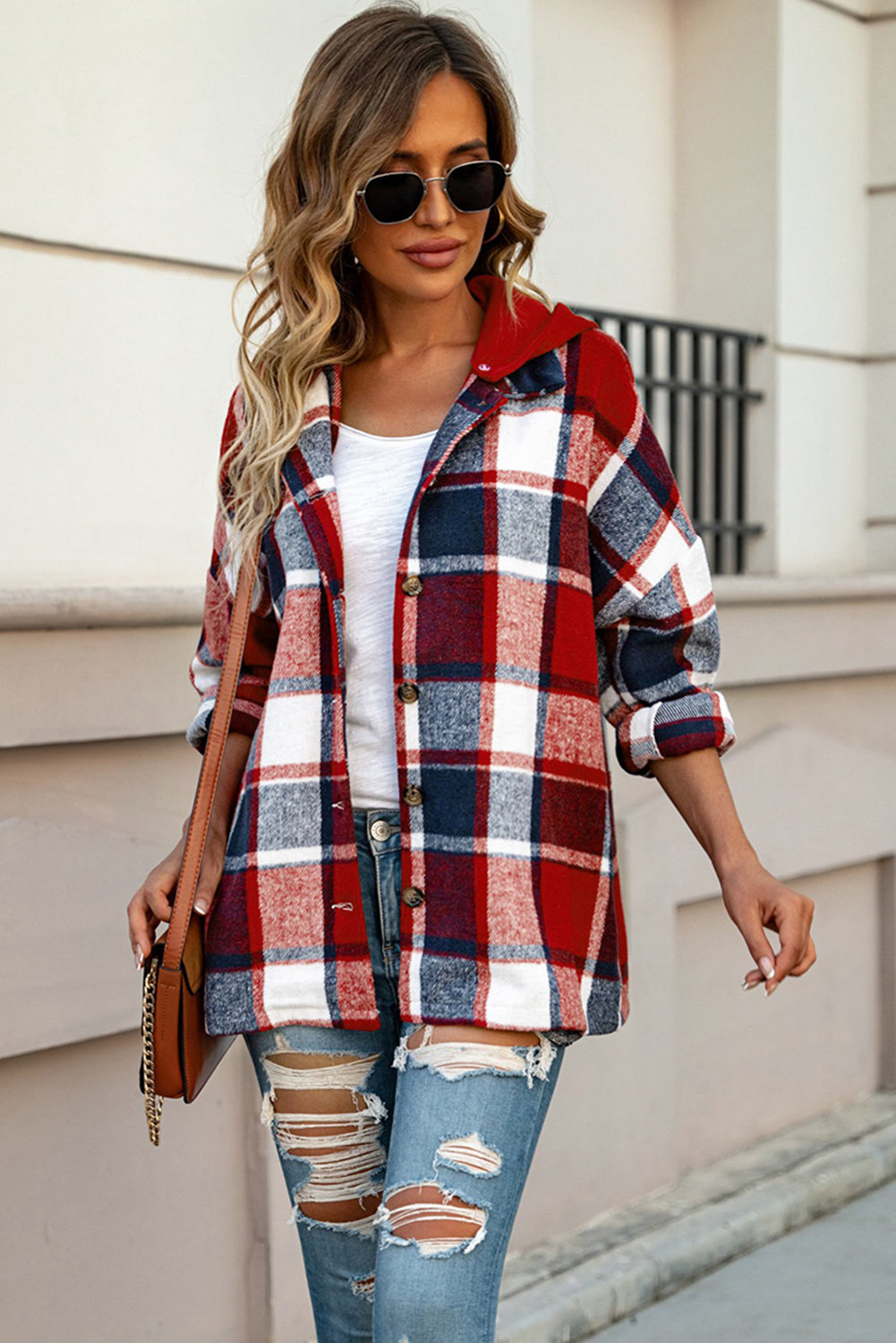 Red Hooded Plaid Button Front Shacket