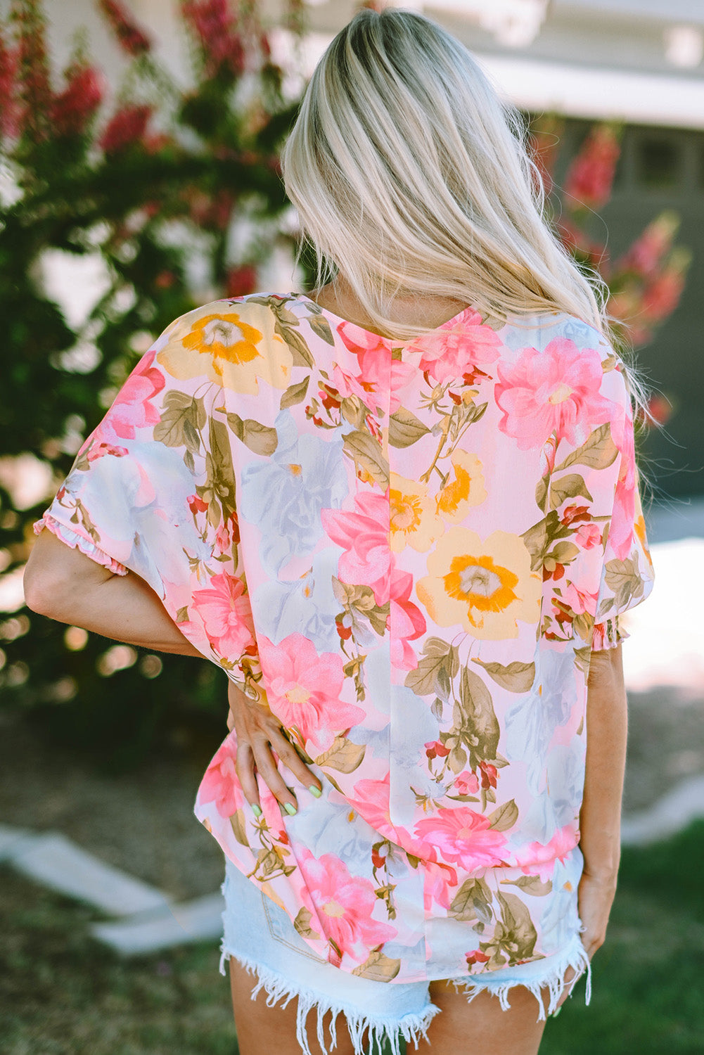 Pink Notched Neck Ruffle Floral Dress