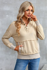 Khaki Ribbed Hem Snap Button Neckline Sweatshirt with Pocket