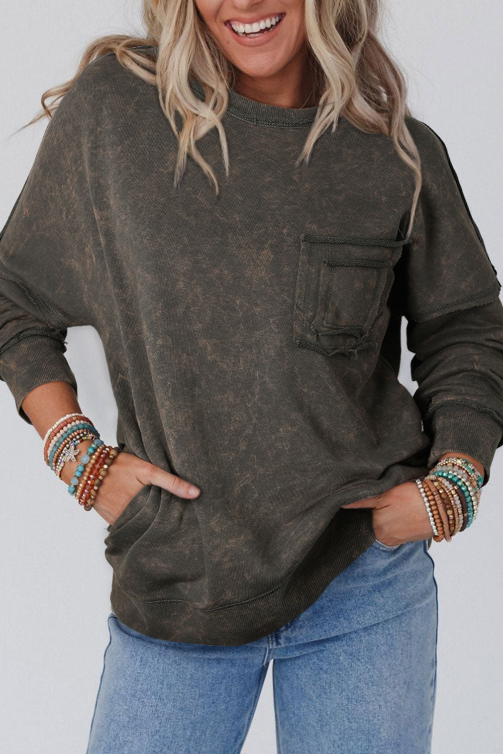 Gray Acid Wash Drop Shoulder Long Sleeve Sweatshirt with Pockets