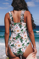 White Floral Print Ruched Straps One Piece Swimsuit