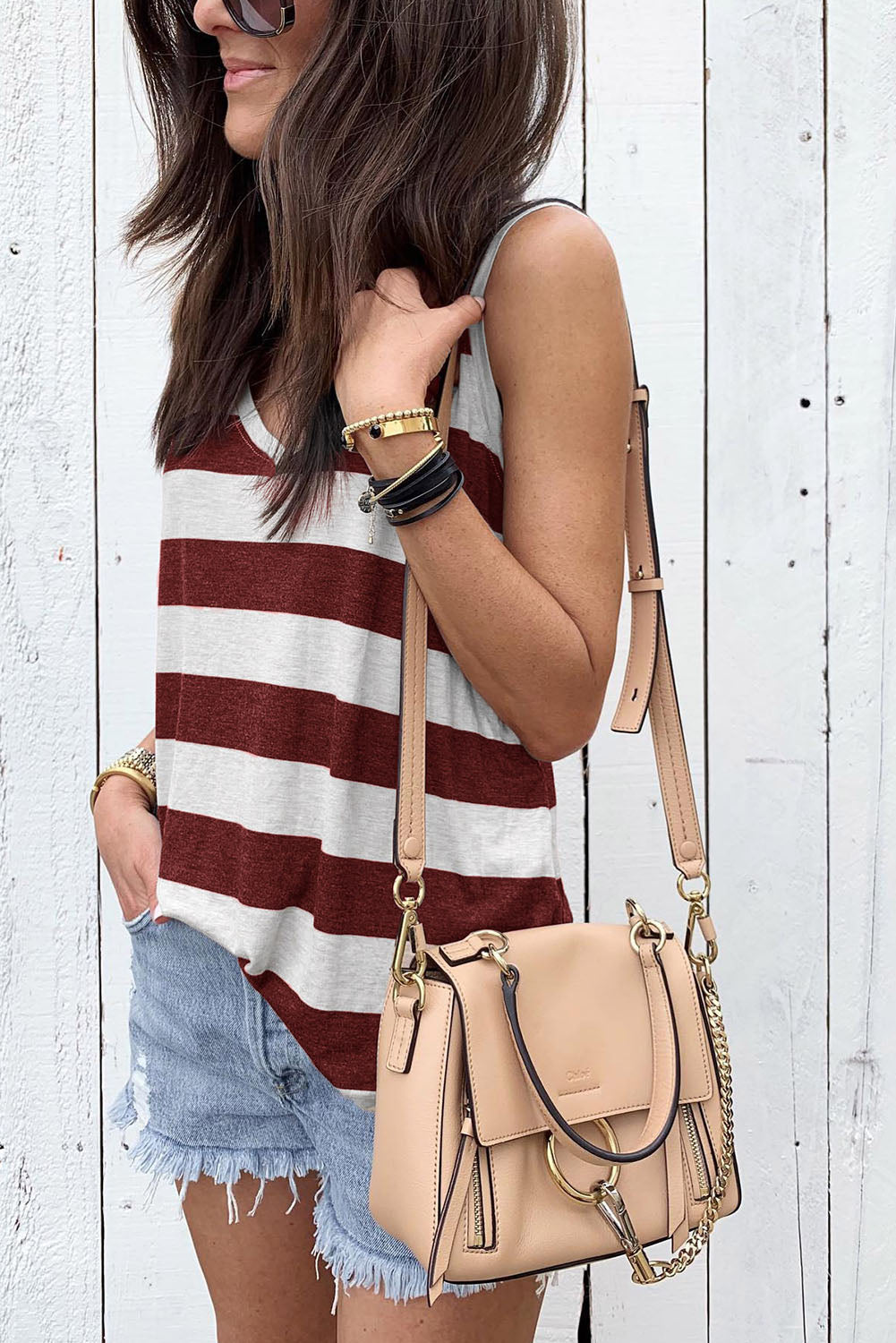 Apricot Striped V Neck Tank Top