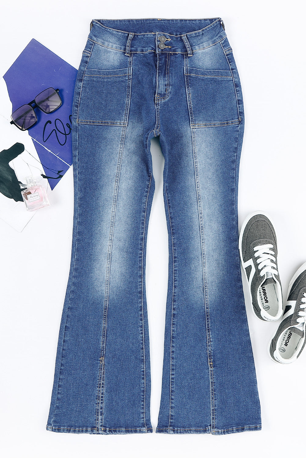 Blue Exposed Seam Split Flare Jeans
