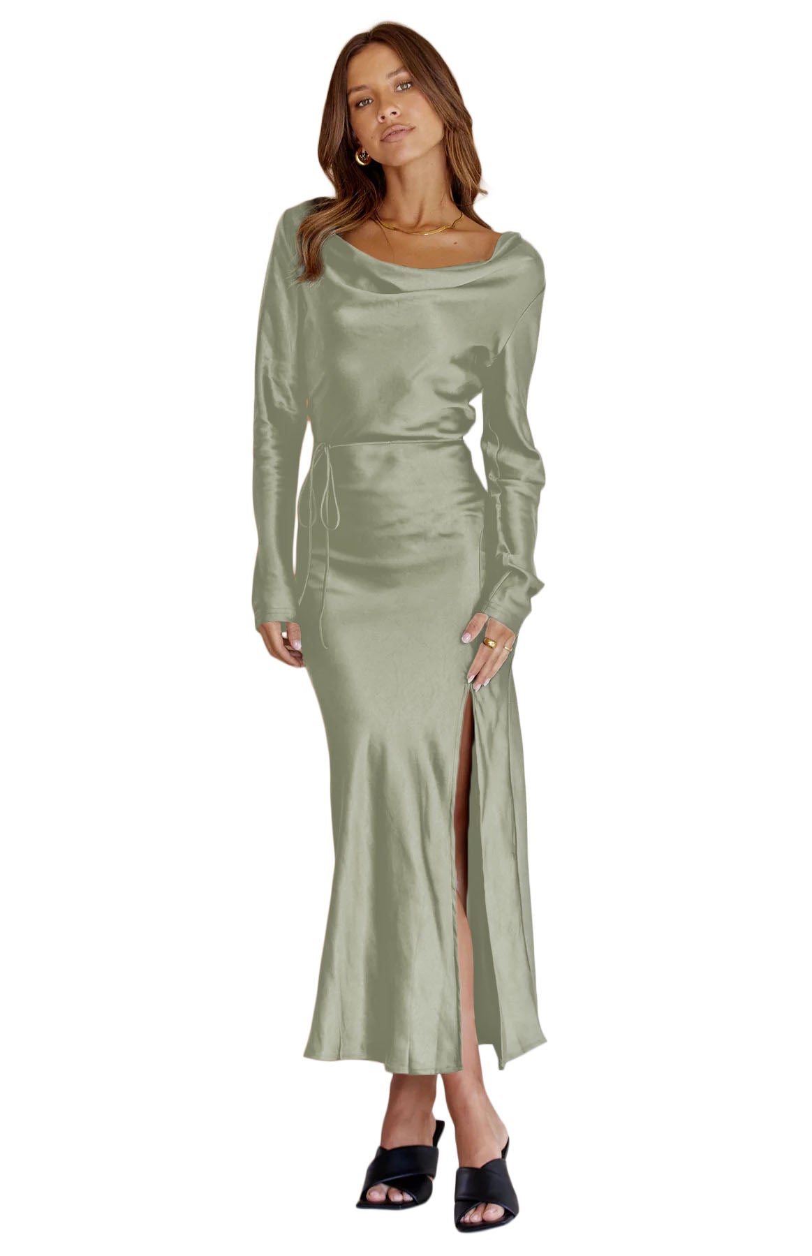 Black Drape Neck Tie Waist Long Sleeve Slit Dress