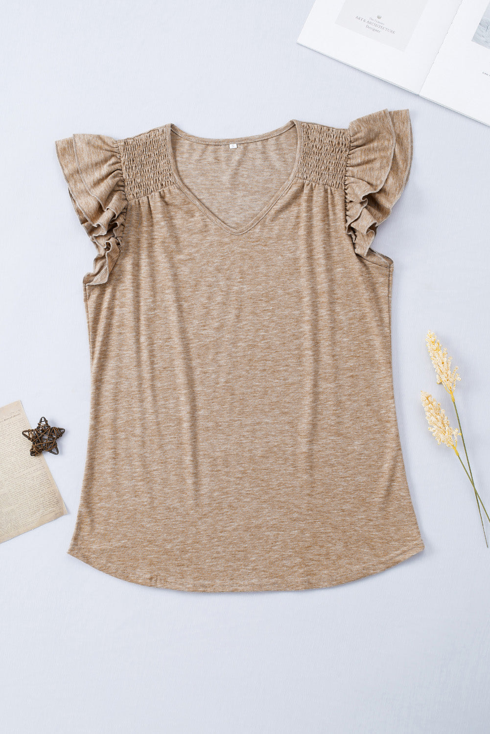 Khaki Solid Color V Neck Flutter Sleeve T-Shirt