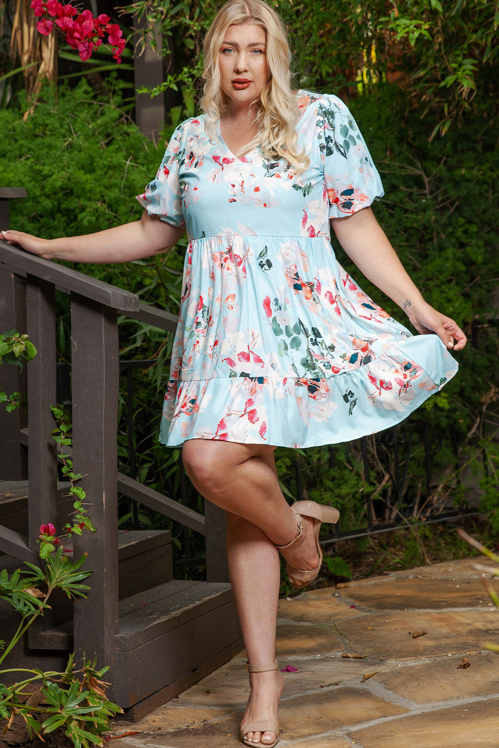 Sky Blue Floral Print Ruffled Puff Sleeve Plus Size Mini Dress