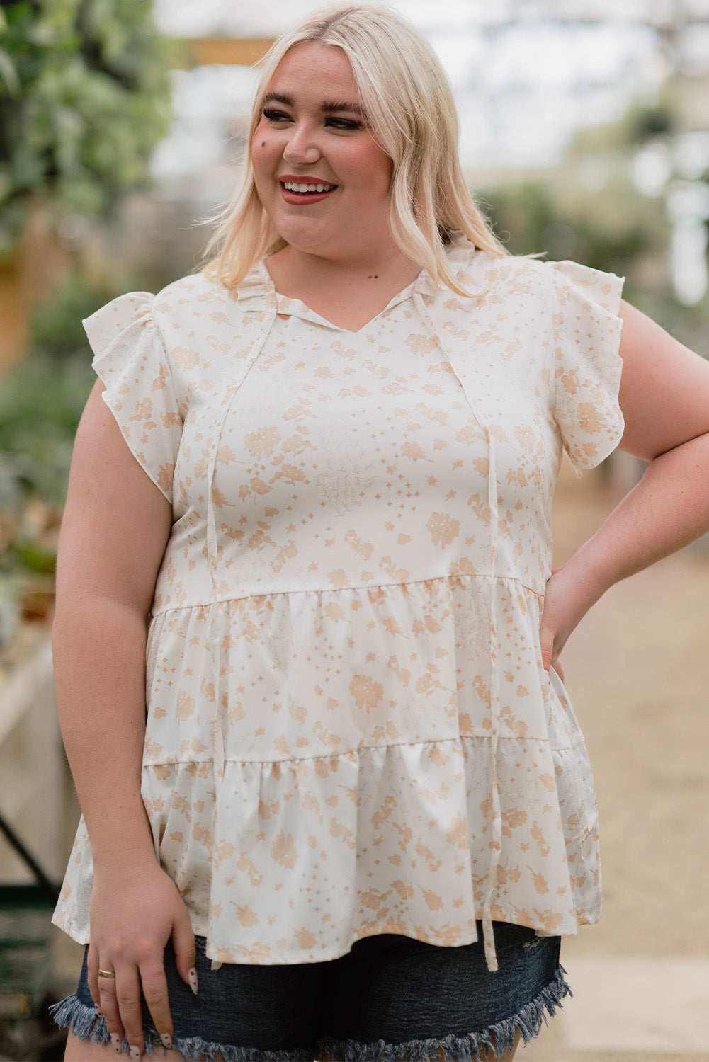 White Ruffled Floral Print Plus Size Top