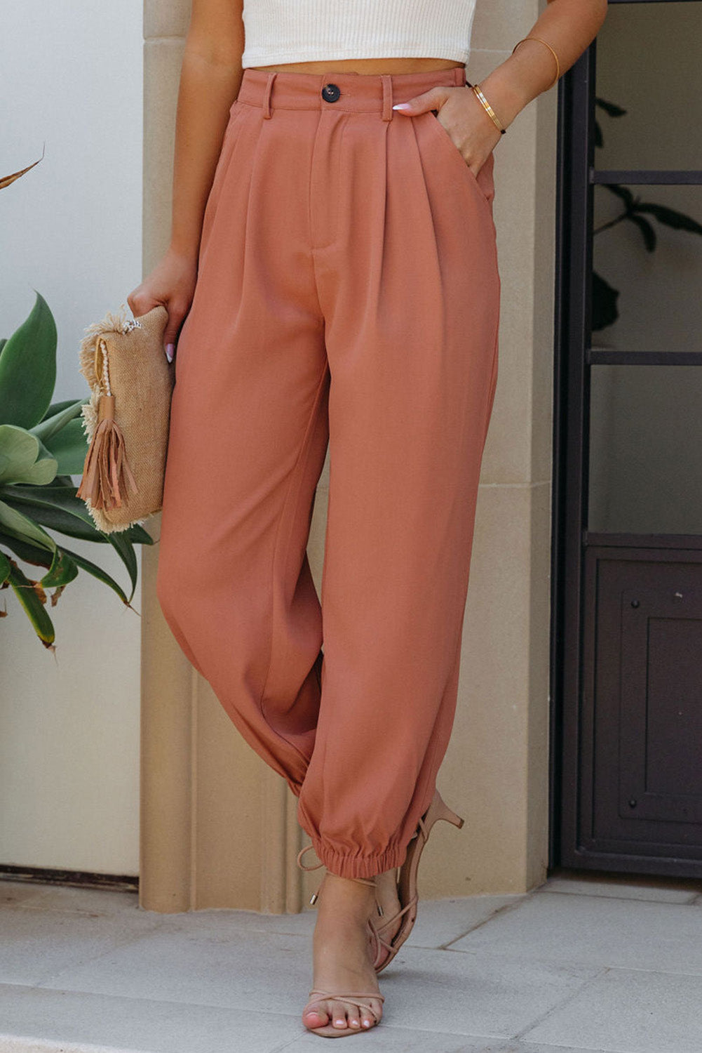 Orange Pockets Ankle-length High Waist Joggers