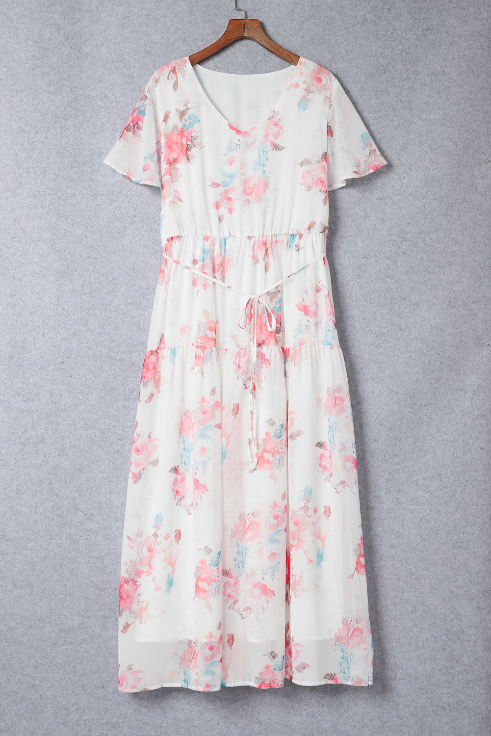 White V Neck Short Sleeves Floral Print Maxi Dress