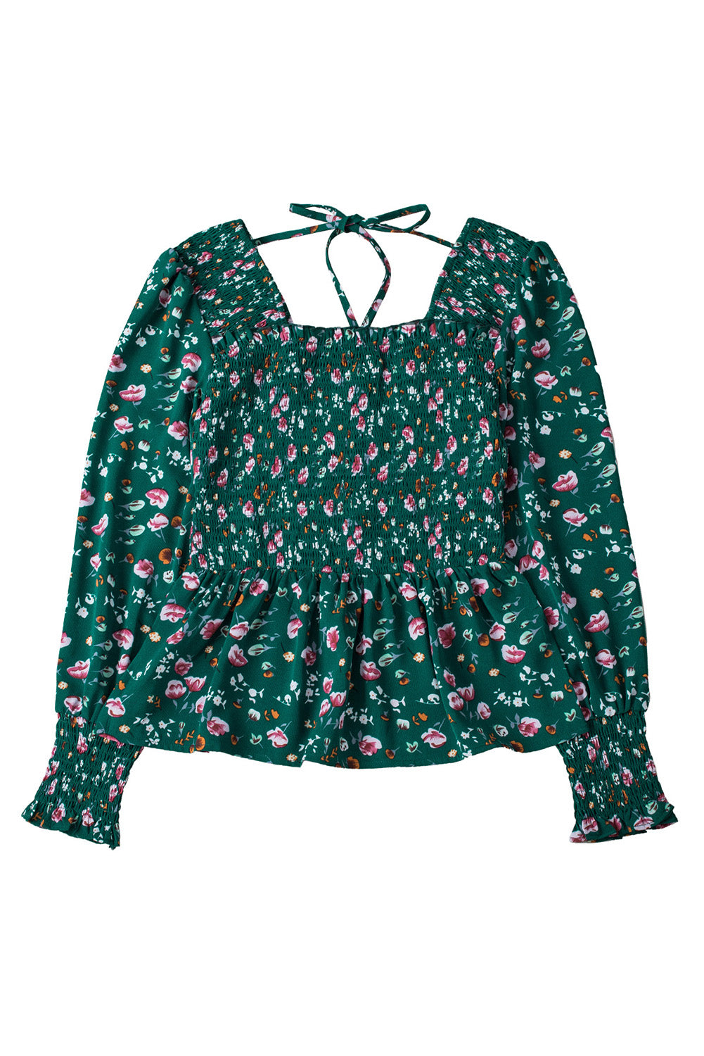 Floral Print Smocked Lace-up Square Neck Long Sleeve Top