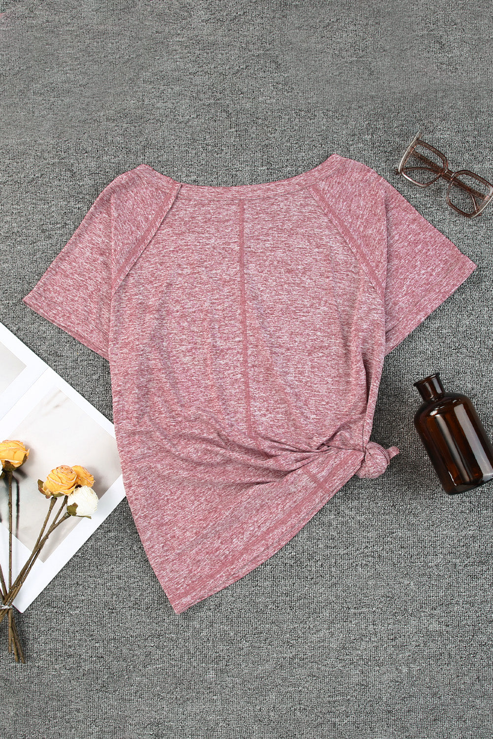 Pink Marble Print Seamed V Neck T-shirt