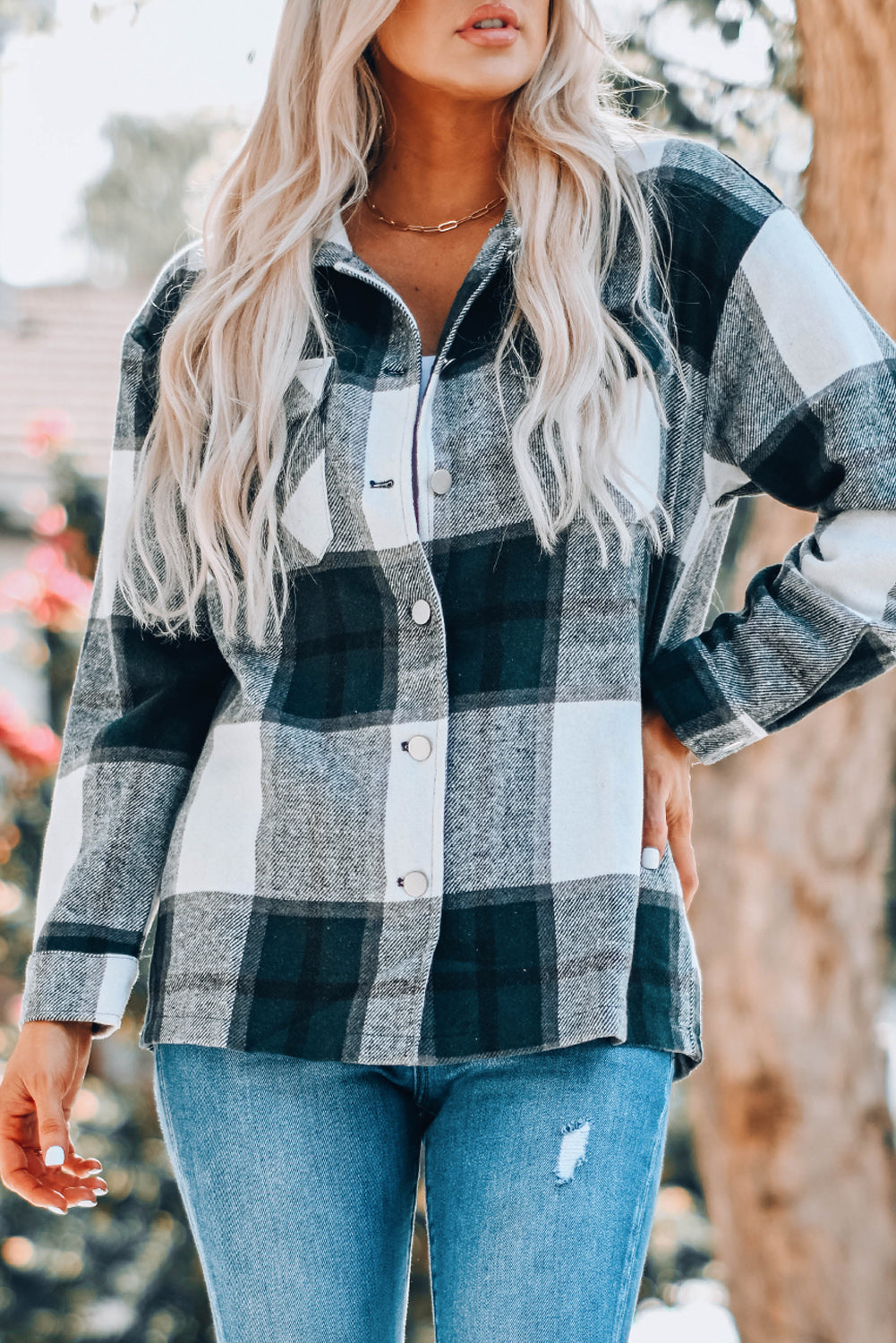 Khaki Plaid Print Buttoned Shirt Coat with Pocket
