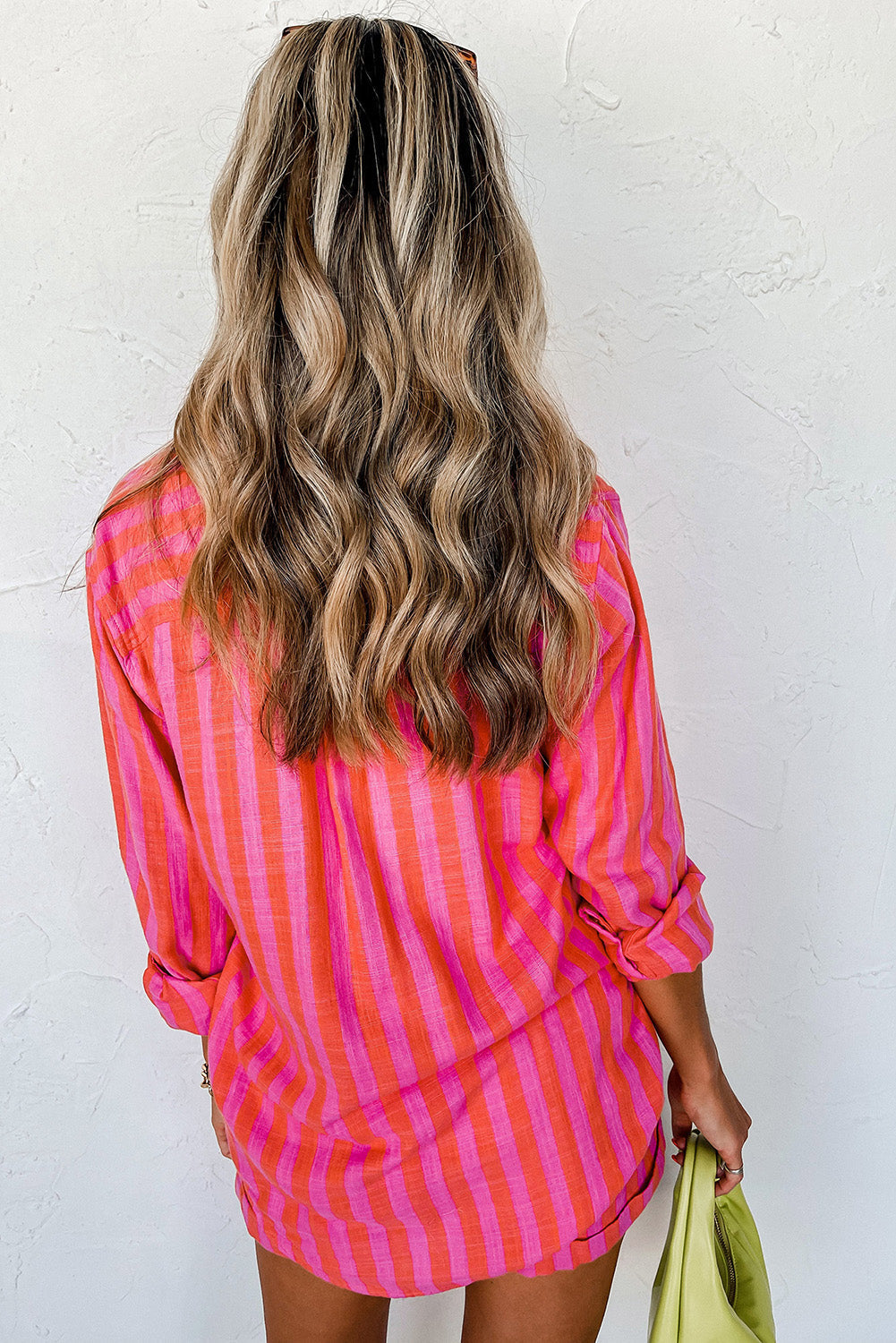 Orange Striped Print Collared Neck Shirt and Shorts Set